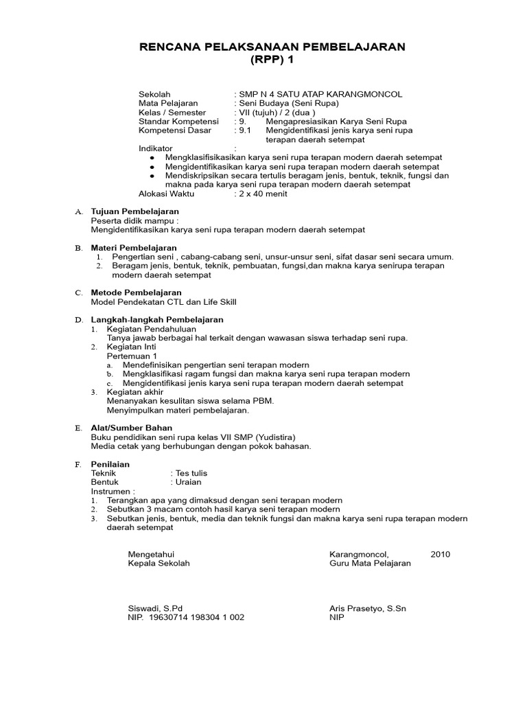 Rpp Seni Rupa Smp Kelas 7 Semester 2.Doc | PDF