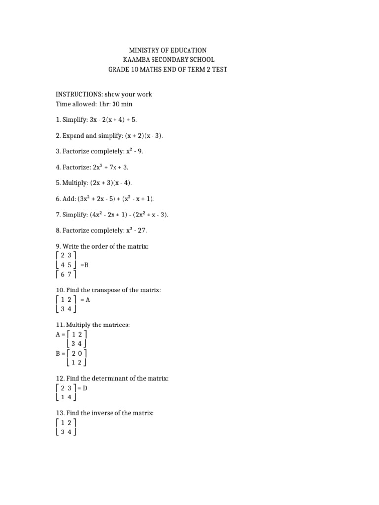 Grade 10 Maths Test Term2 Updated | PDF