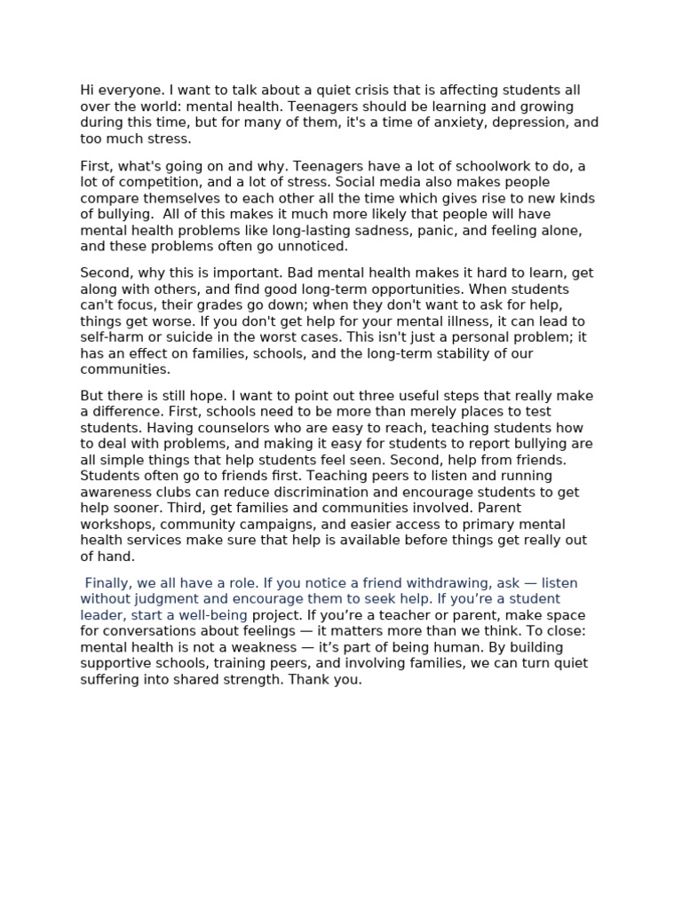 Mental Health and Well-Being Among High School Students (Global ...