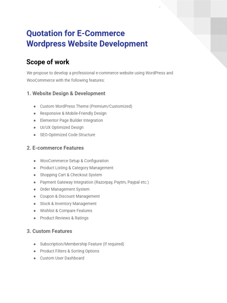 E-Commerce WordPress Development Quote | PDF