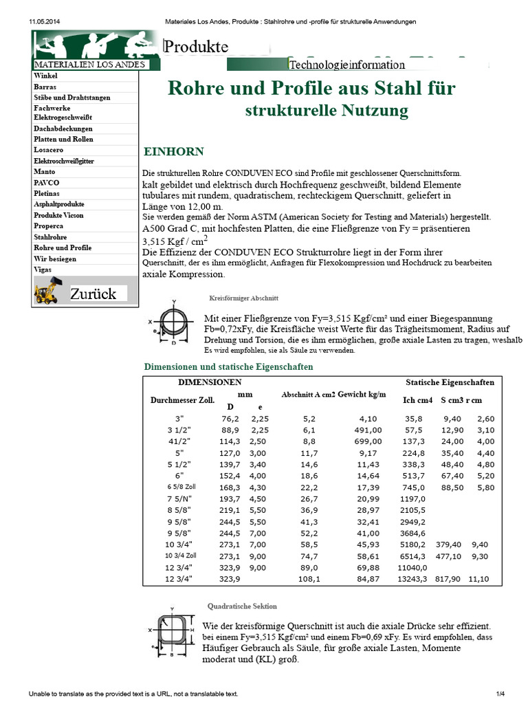 Materialien Los Andes, Produkte - Rohre Und Profile Aus Stahl Für ...