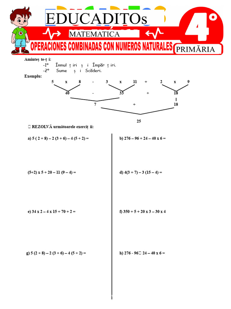 Operații Combinate Cu Numere Naturale Pentru Clasa A Patra de Școală ...