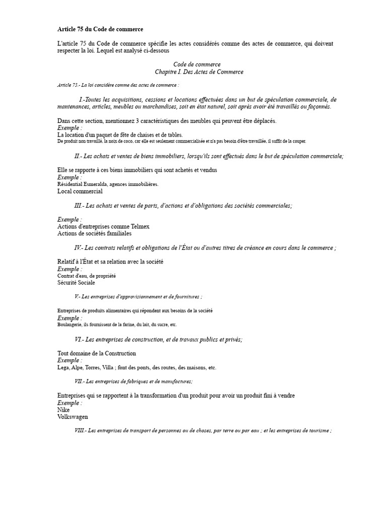 Actes de commerce selon l'article 75 | PDF | Commerce | Banques