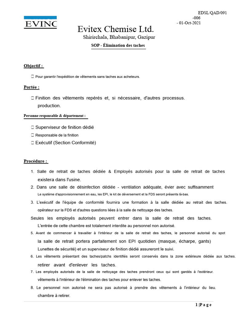SOP pour l'élimination des taches textiles | PDF