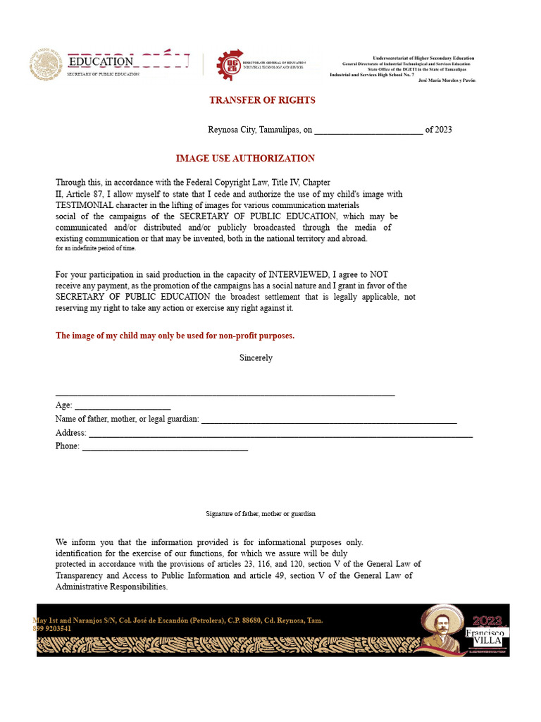 Image Use Authorization Form for Students | PDF