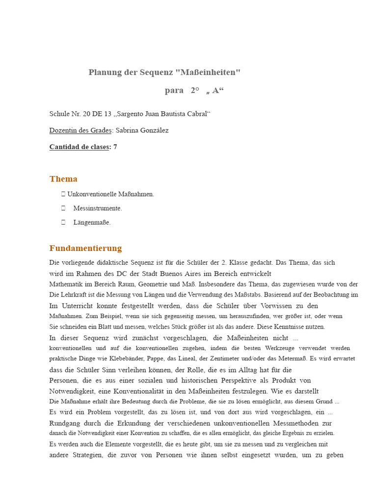 Maßeinheiten Sequenz 2. Klasse A | PDF