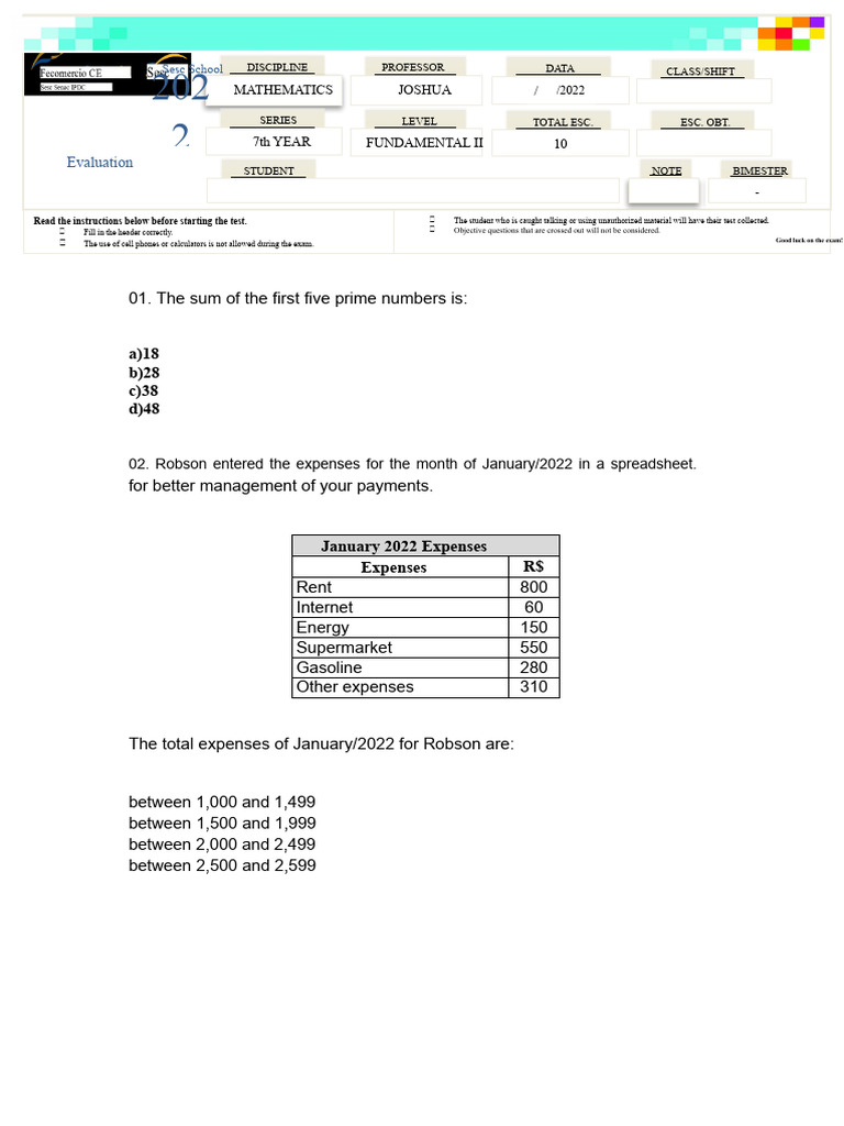 7th Grade Math Exam Instructions and Questions | PDF