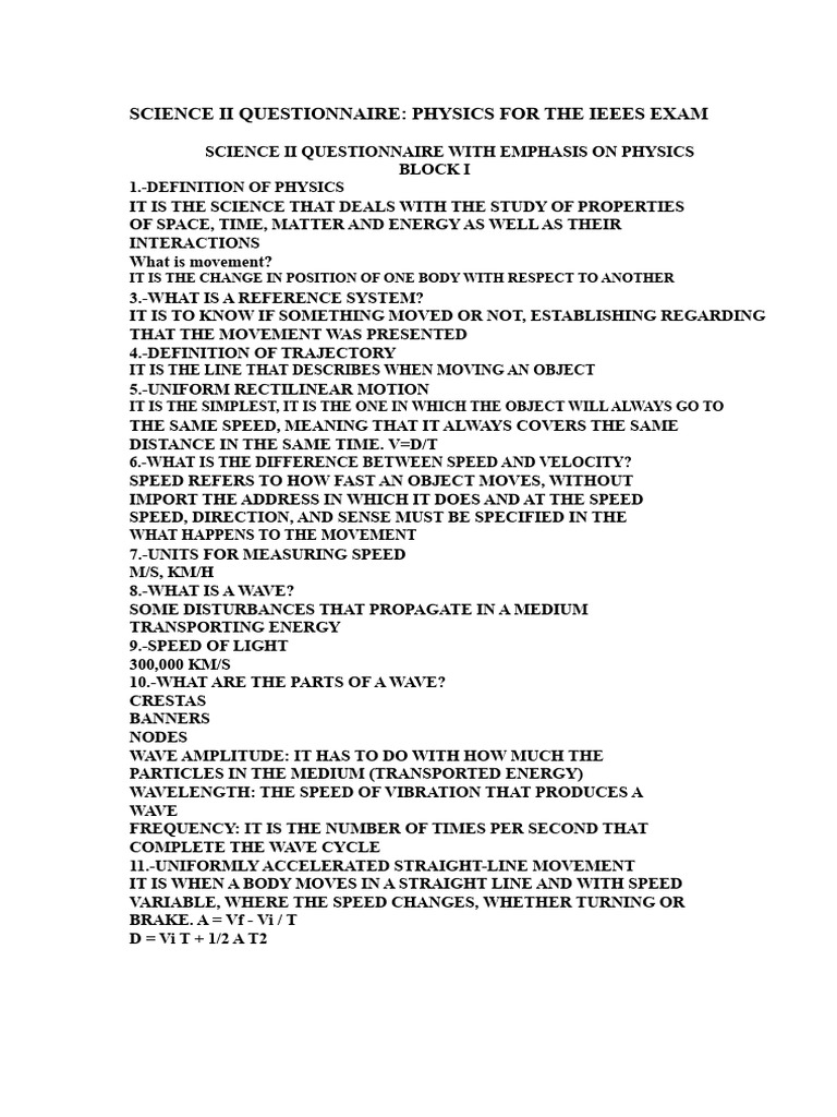 Physics Questionnaire for IEEES Exam | PDF | Acceleration | Force