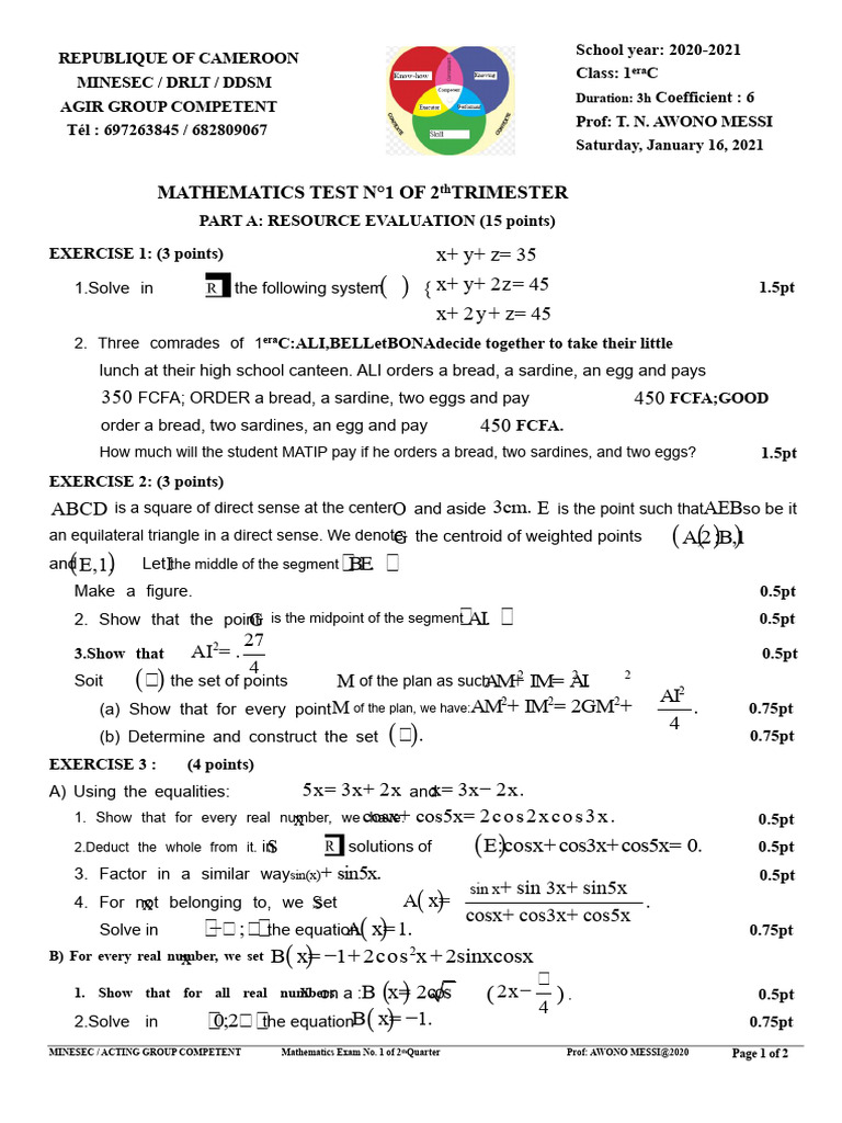 Mathematics Test for Class 1C - 2021 | PDF | Equations | Function ...