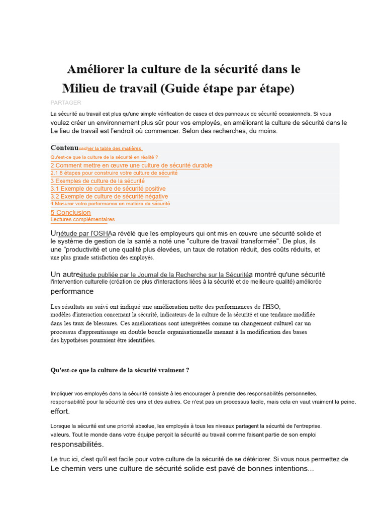 Améliorer la culture de sécurité au travail | PDF | Sécurité | Santé et ...