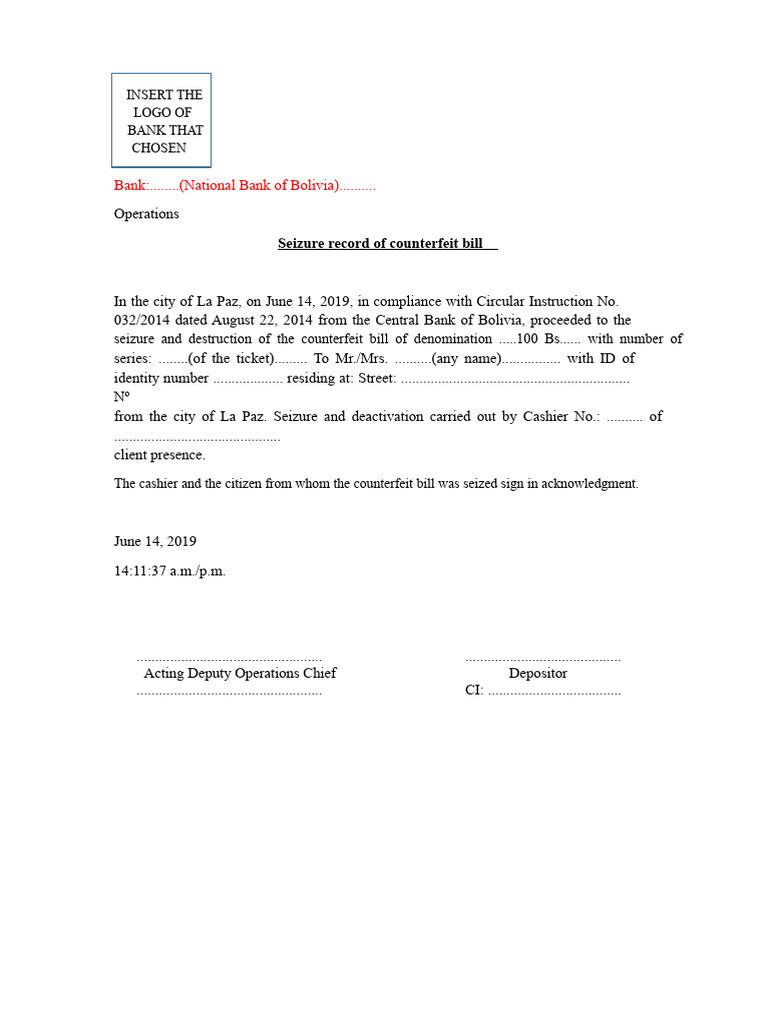 Seizure Record of Counterfeit Bill | PDF