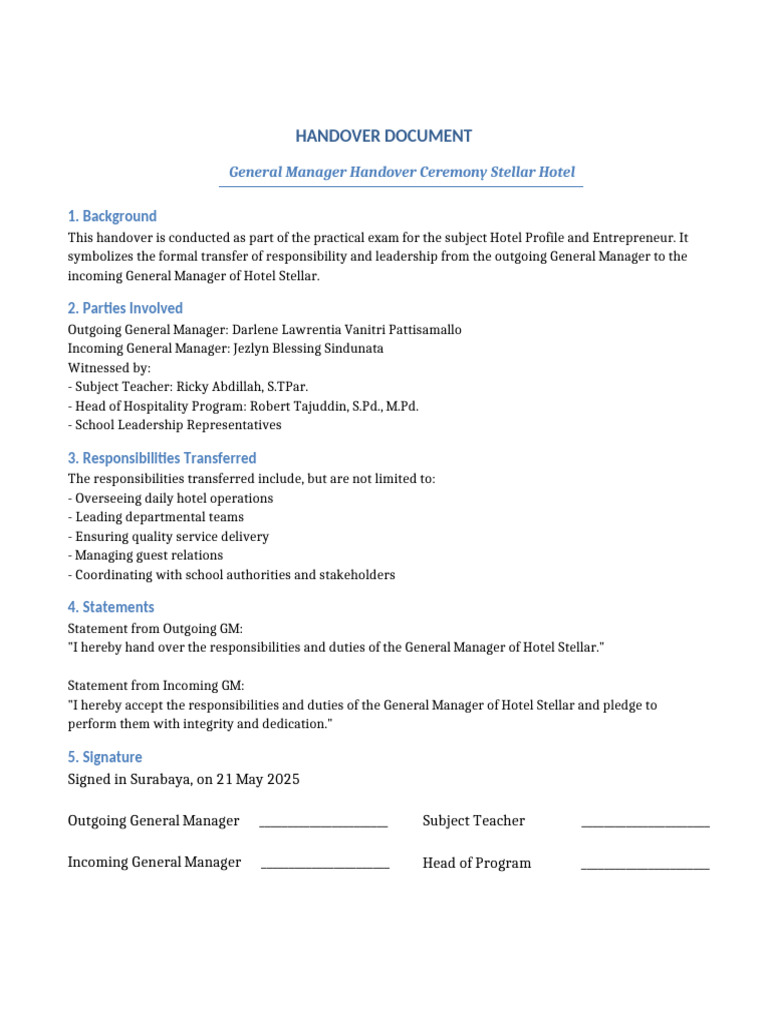 Handover Document GM Hotel Stelar | PDF