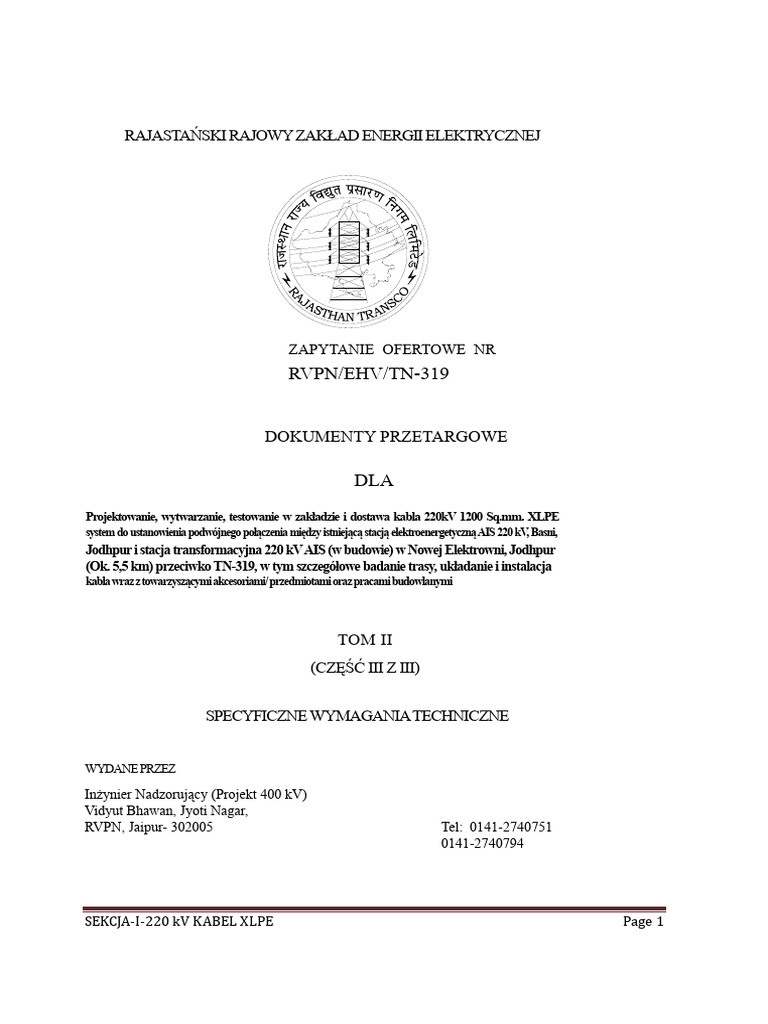 Specyfikacja Kabla RRVPNL 220kV | PDF