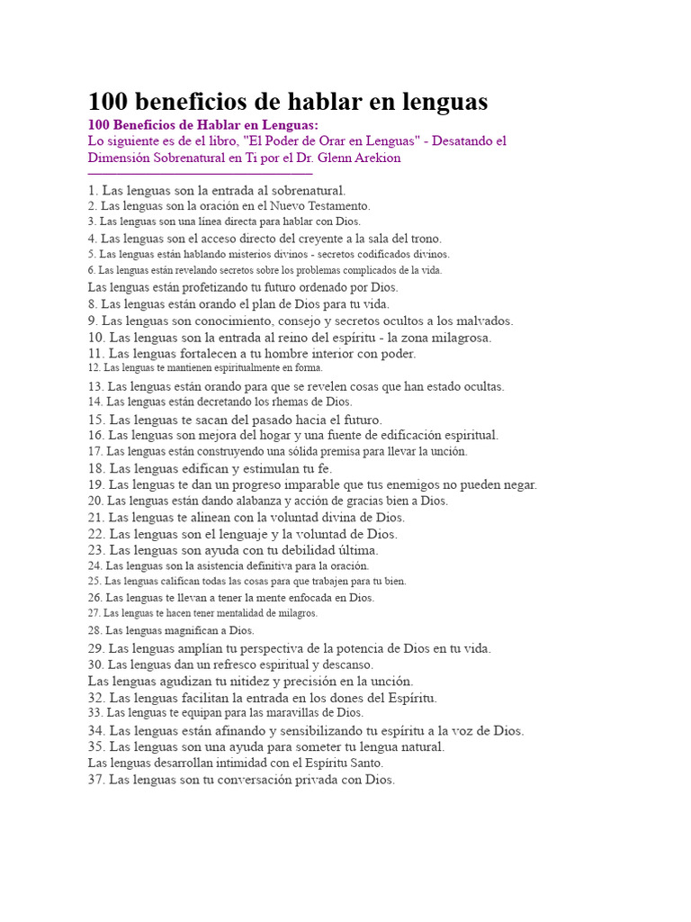 100 Beneficios de Hablar en Lenguas | PDF | Oración | Dios
