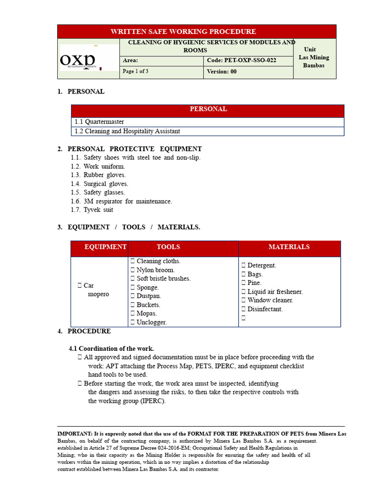 Hygienic Cleaning Procedure Guide | PDF | Personal Protective Equipment ...