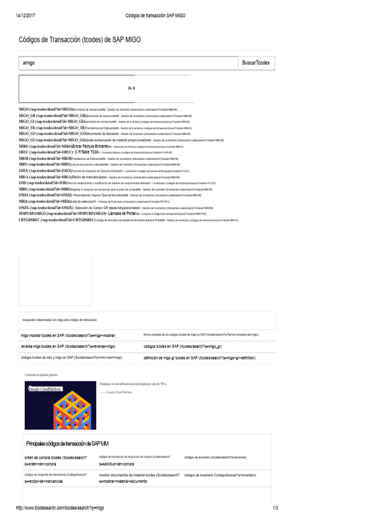 Códigos de Transacción MIGO en SAP | PDF | Informática