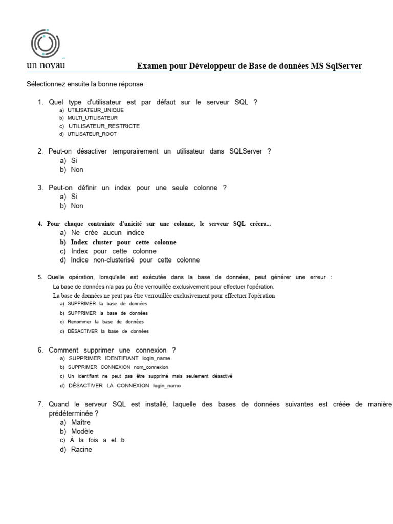 Examen Développeur Base de Données SQL | PDF | Microsoft SQL Server ...