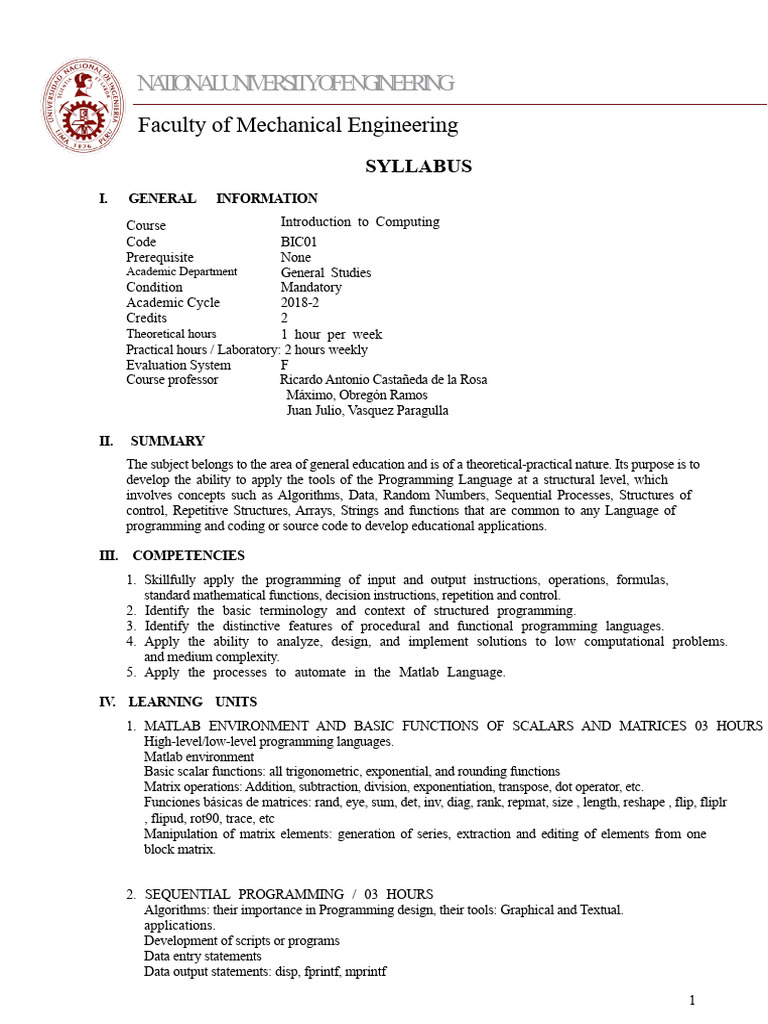 Introduction to Computing Syllabus | PDF | Matrix (Mathematics ...