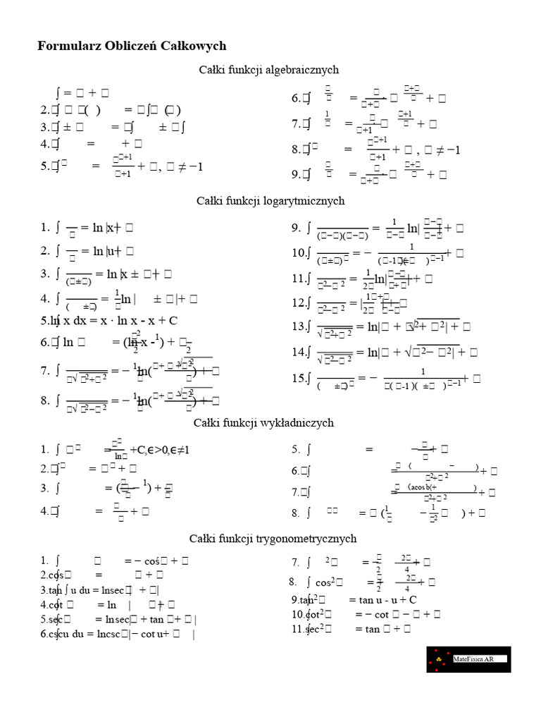 Formularz Obliczenia Integralne Matefizyczne AR | PDF