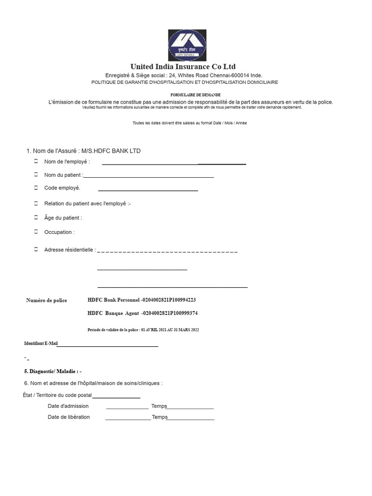 Formulaire de Réclamation UIICHdfc | PDF | Hôpital | Soins de santé