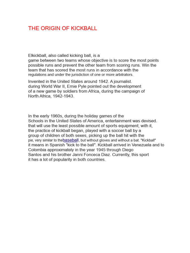 History and Origin of Kickball | PDF | Sports | Ball Games