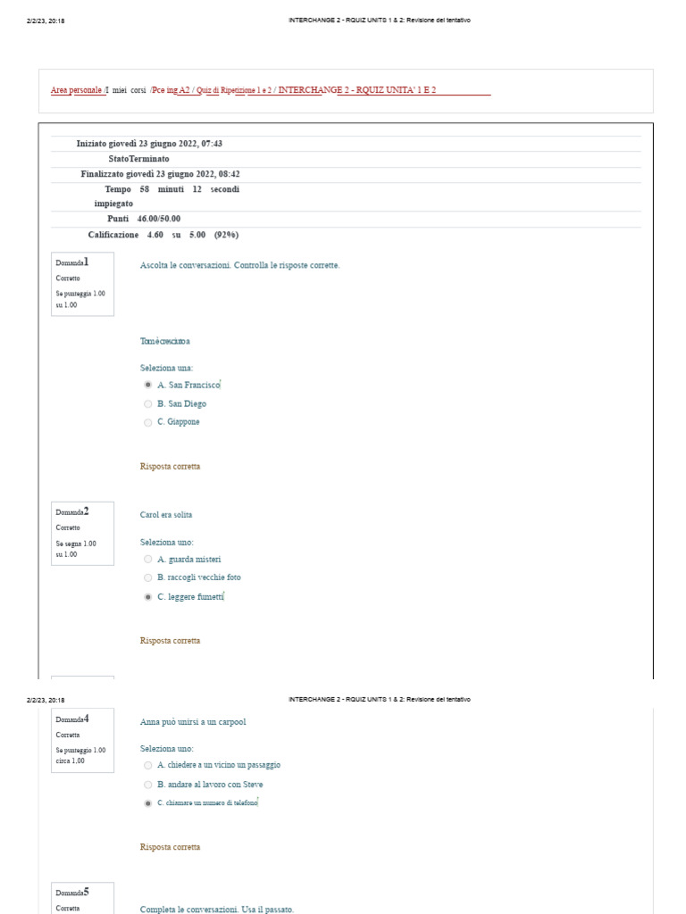 Interchange 2 - Rquiz Unità 1 e 2 - Revisione Del Tentativo | PDF