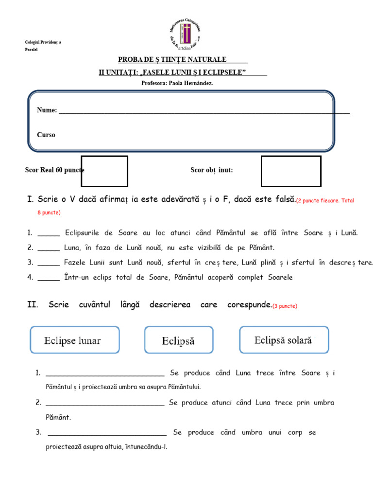 Testul Fazelor Lunii Și Eclipselor | PDF