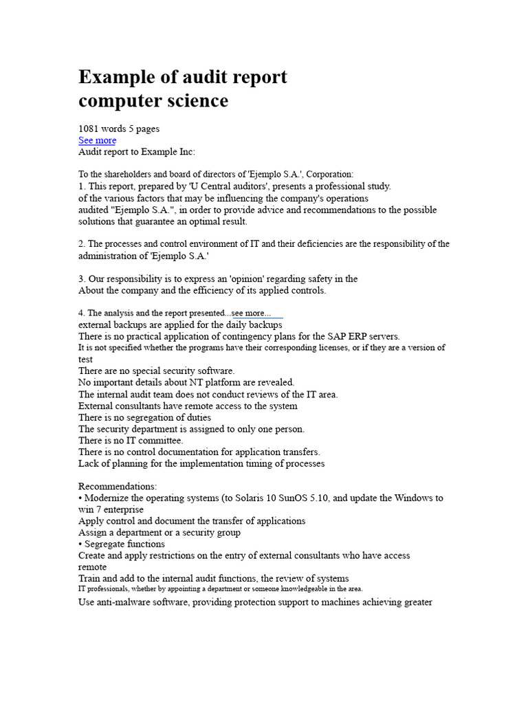 IT Audit Report for Ejemplo S.A. | PDF | Audit | Auditor's Report