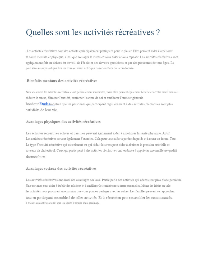 Bienfaits des activités récréatives | PDF | Stress (Biologie) | Des sports