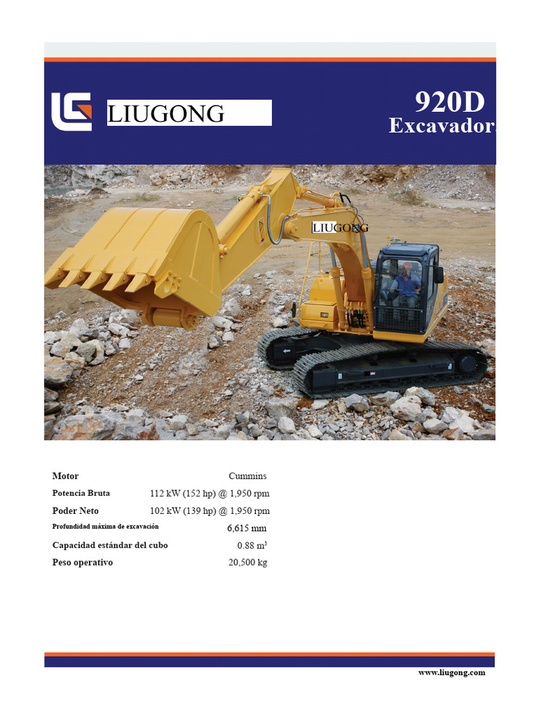 Especificaciones Excavadora LiuGong 920D | PDF | Caballo de fuerza | Coche