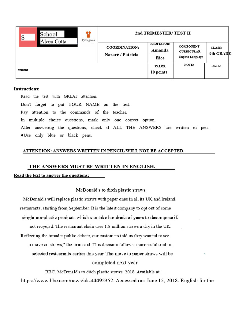 9th Grade English Test Instructions | PDF | Question | English Language