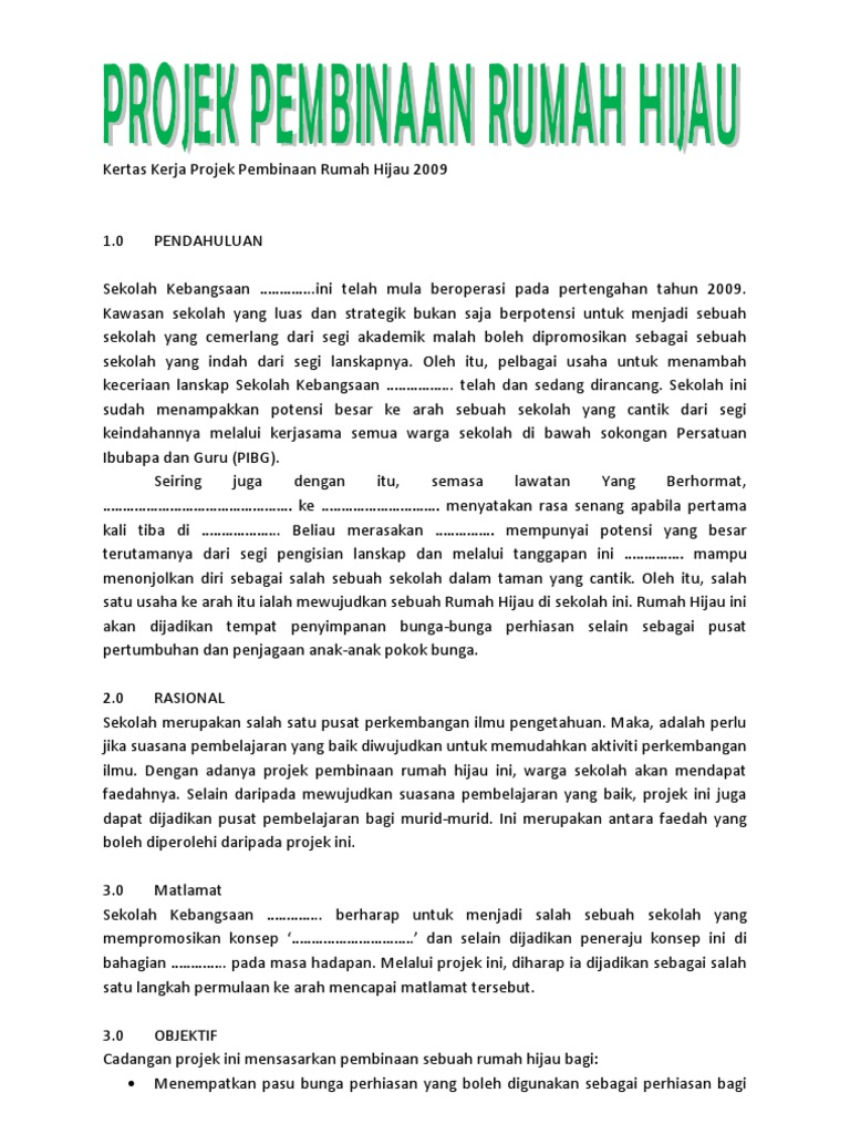 Contoh Kertas Kerja Projek Pembinaan Rumah Hijau 2009