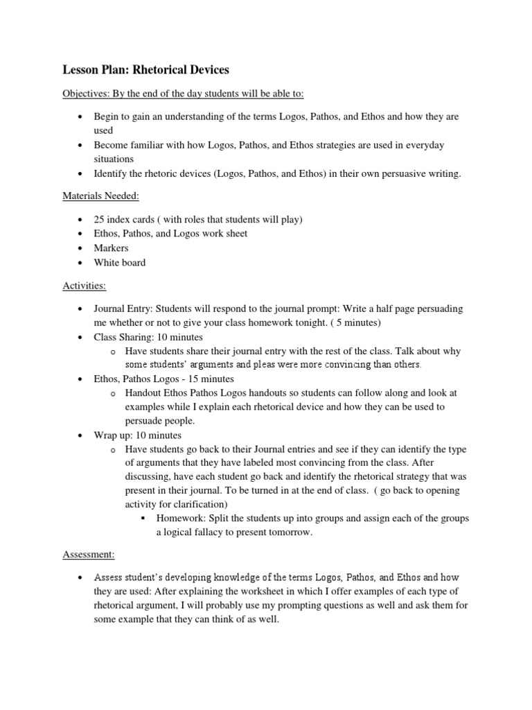 Lesson Plan Rhetorical Devices PDF Rhetoric Argument