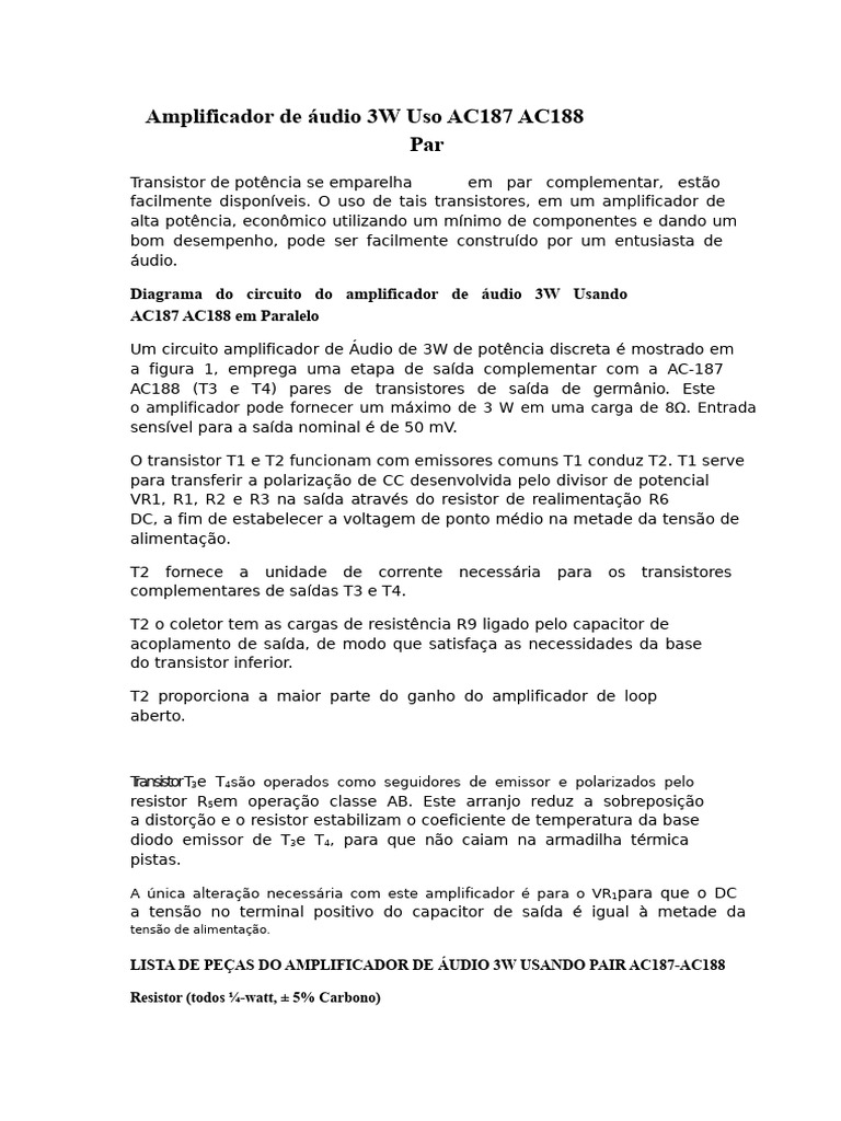 Amplificador de Áudio 3W com AC187-AC188 | PDF | Transistor | Rede elétrica