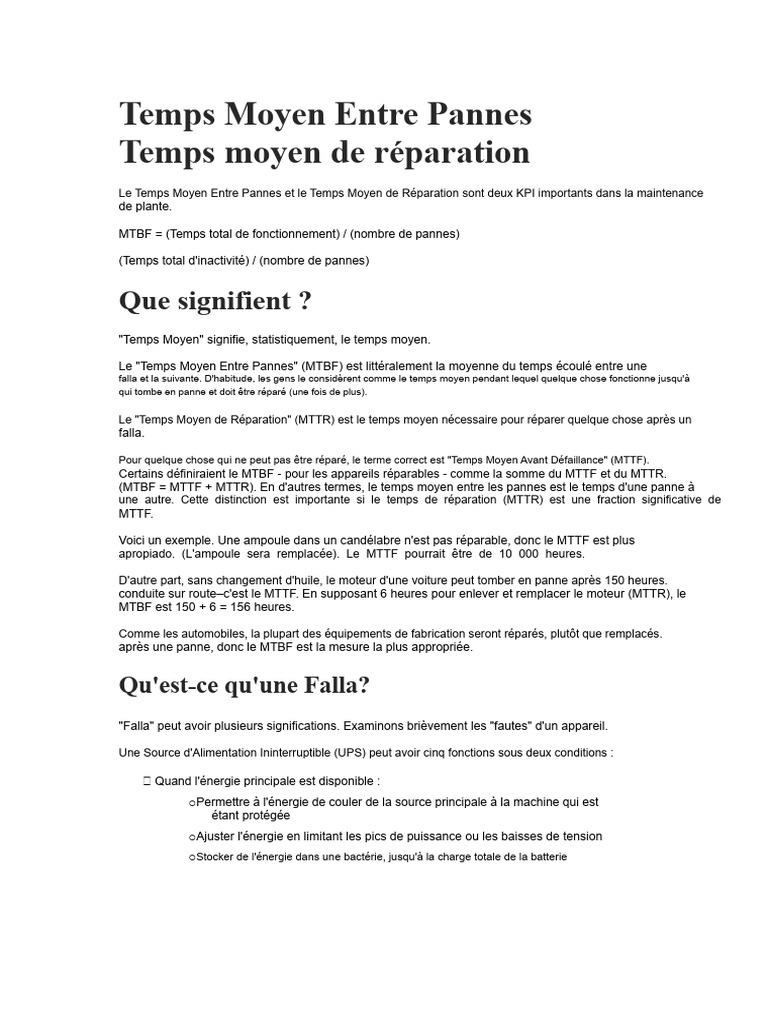 Temps Moyen Entre Pannes (MTBF) | PDF