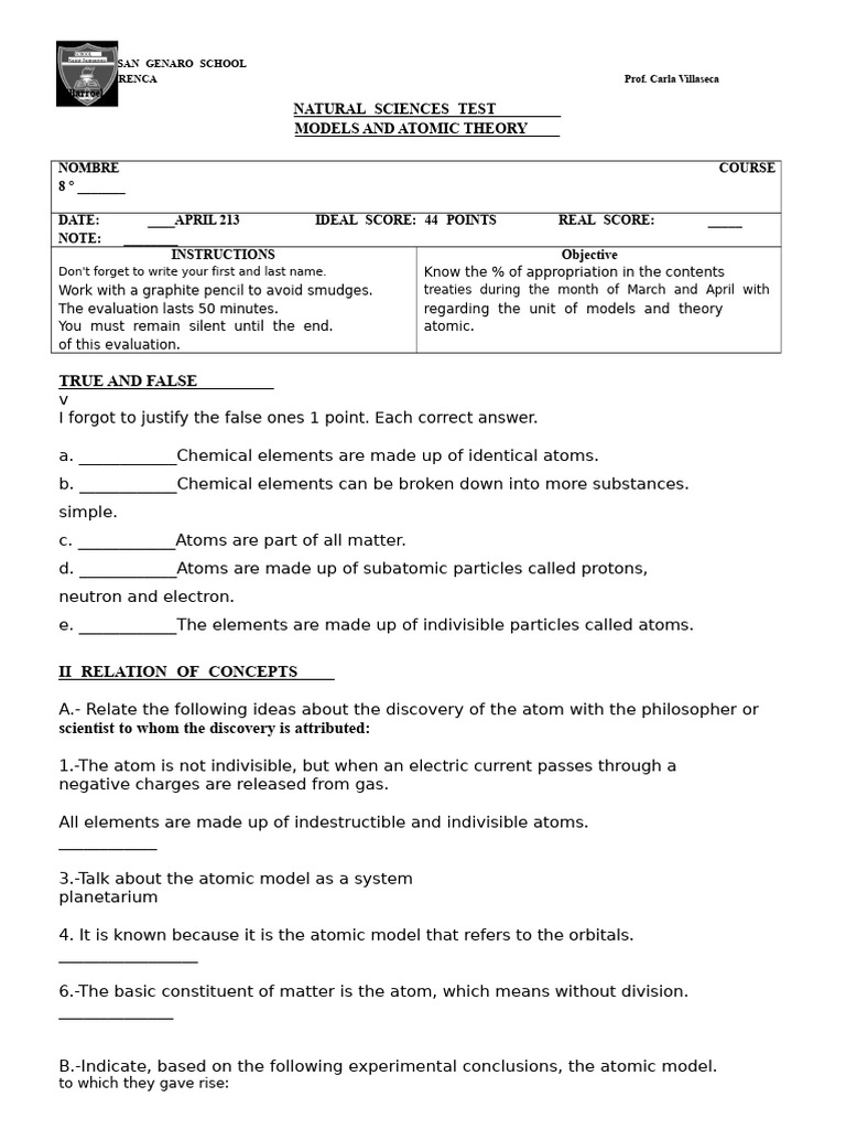 Natural Sciences Atomic Theory Test | PDF | Atoms | Atomic Nucleus