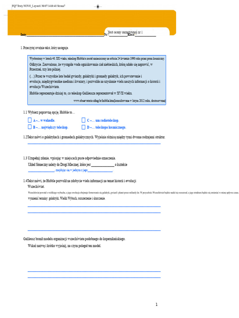 Test Z Nauk Fizyczno-Chemicznych Dla Klasy 7 | PDF