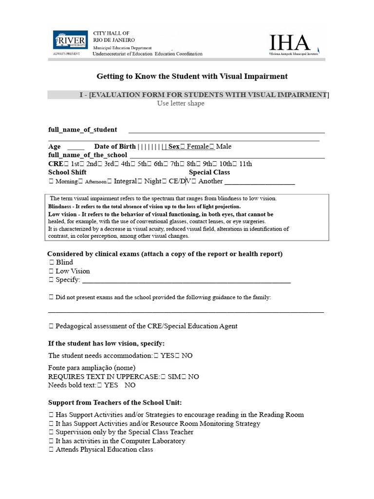 Visual Impairment Student Evaluation Form | PDF | Visual Impairment ...