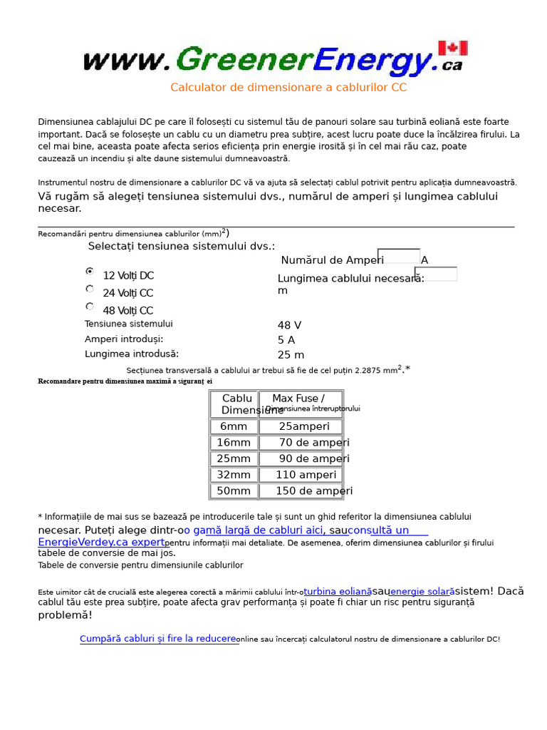 Calculator de Dimensionare A Cablurilor DC | PDF