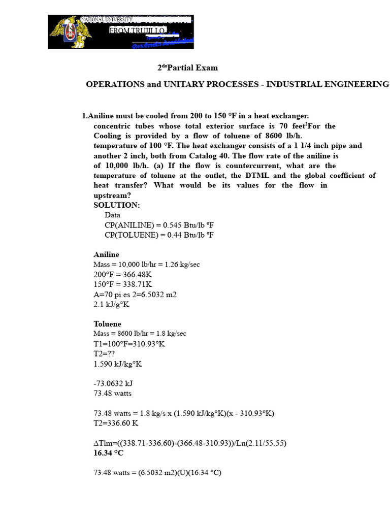 Partial Exam of Operations and Unit Processes | PDF | Heat Exchanger ...