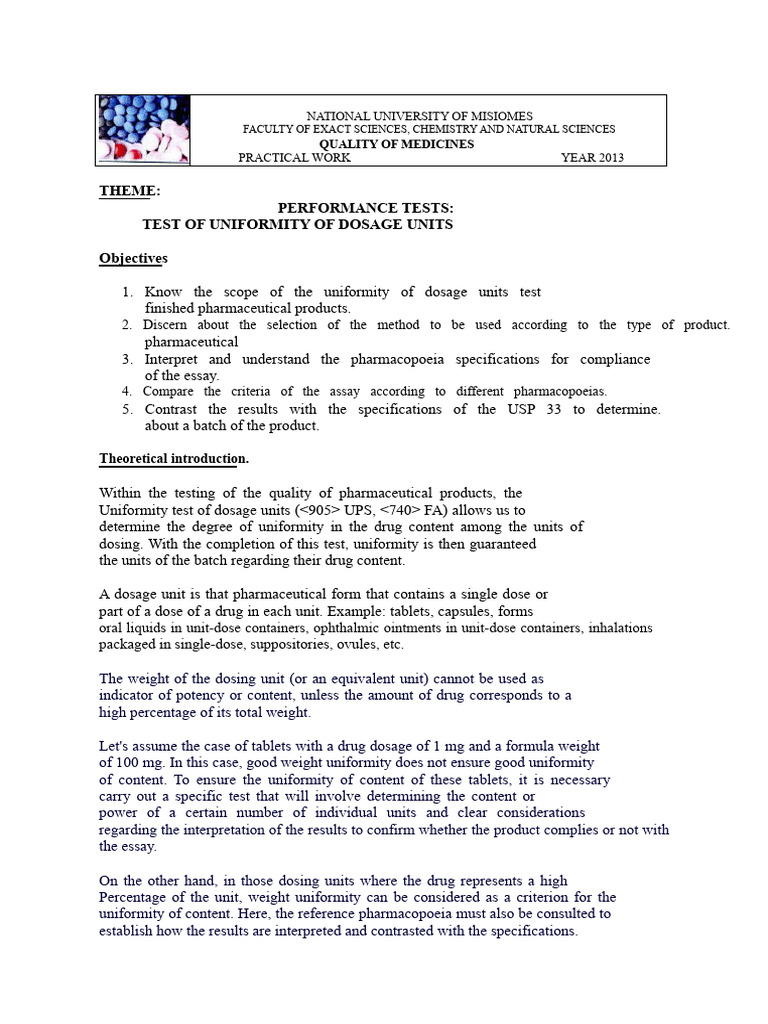 Uniformity Tests for Dosage Units | PDF | Dose (Biochemistry) | Chemistry