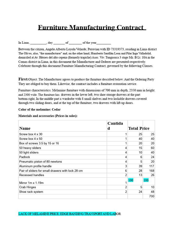 Furniture Manufacturing Contract Template | PDF