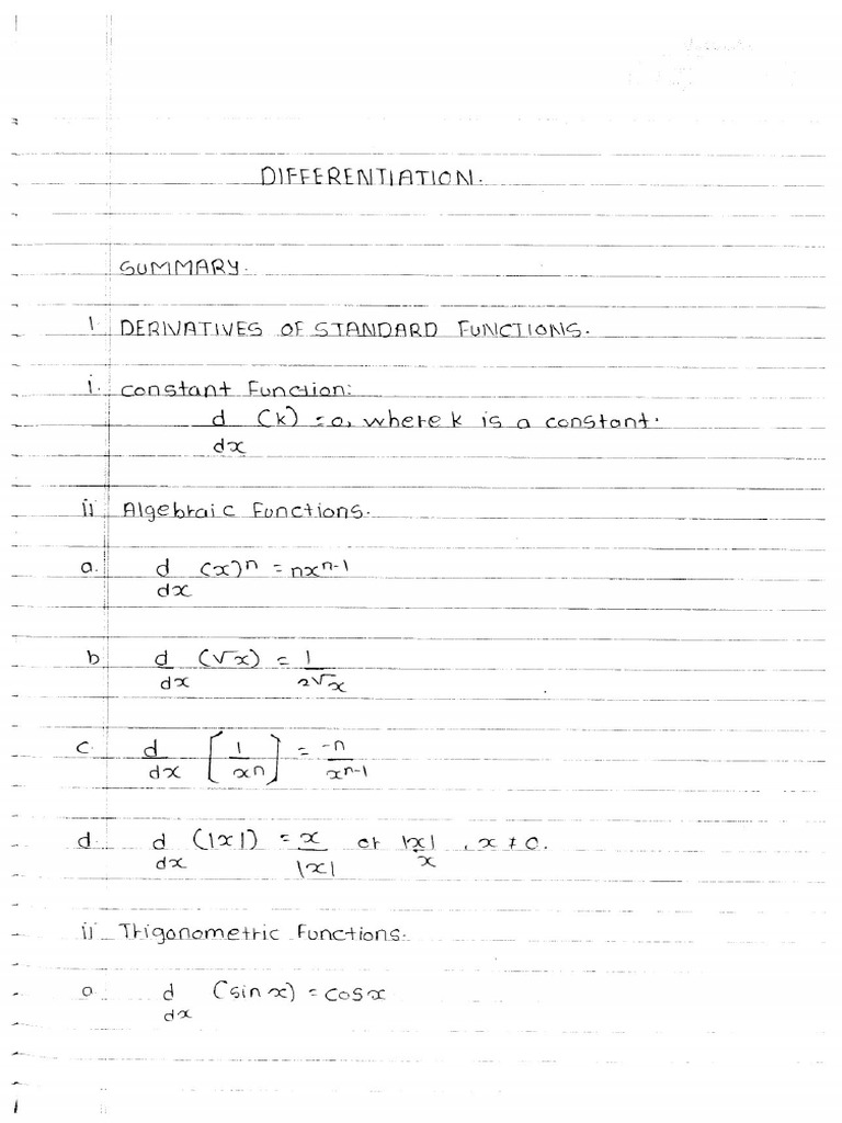 Math 12th P2 - 1 Differentiation - Imp Notes PDF | PDF