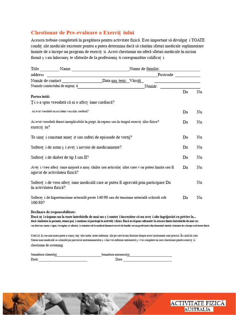 Formular de Screening Pre-Exercițiu | PDF