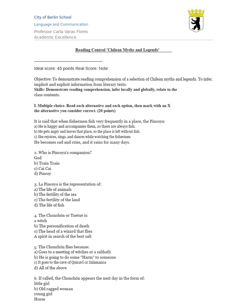 Chilean Myths and Legends Reading Quiz | PDF | Reading Comprehension ...