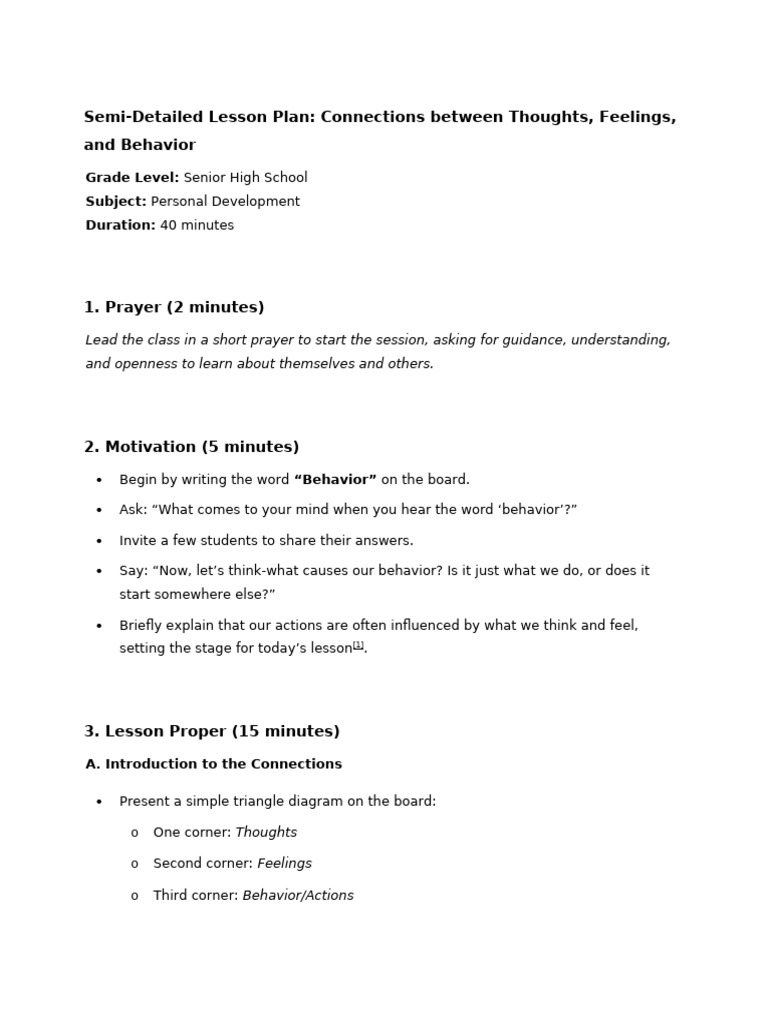 Thoughts, Feelings, and Behavior Lesson Plan | PDF | Adolescence | Thought