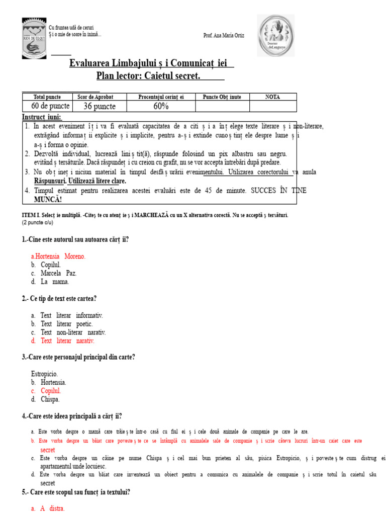 Cartea Carnetul Secret Răspunsuri. | PDF