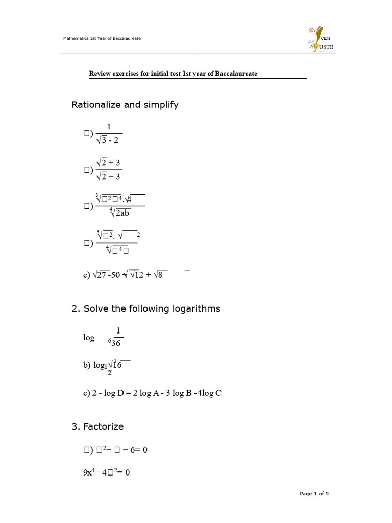 Baccalaureate Math Review Exercises | PDF | Square Root | Equations