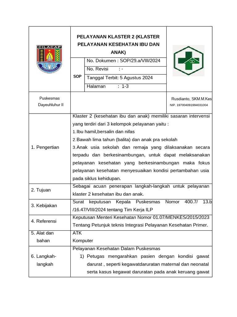 Alur Pelayanan Klaster 2 Kesehatan Ibu Anak | PDF