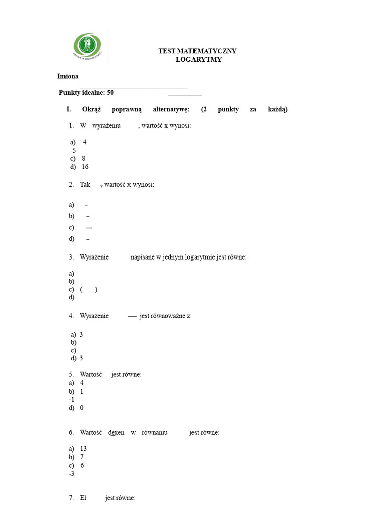 TEST Logarytmy Ok | PDF